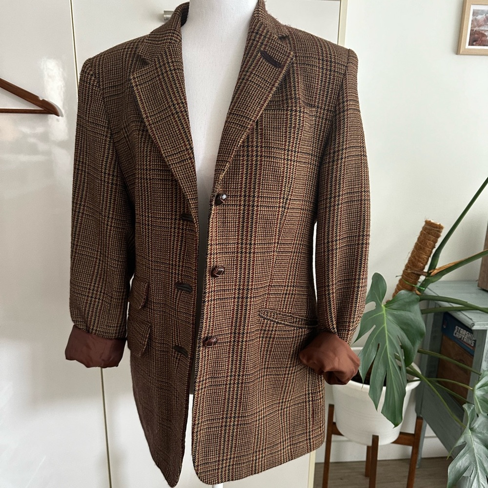 Vintage Woolmark Plaid Houndstooth Wool Blazer (Size L)